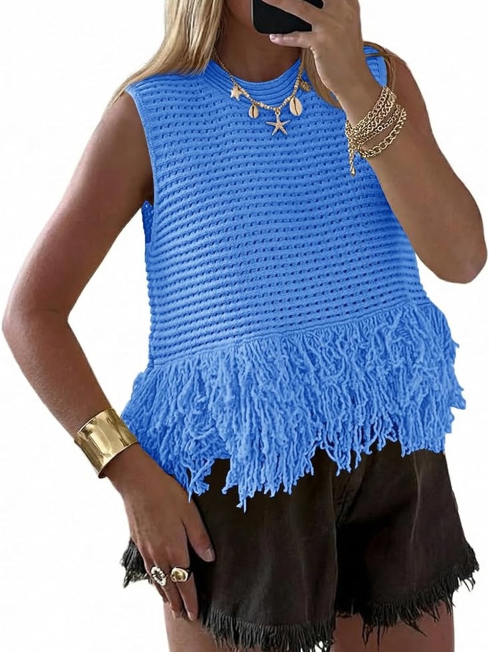 Fringed Knit Sleeveless Top - Blue
